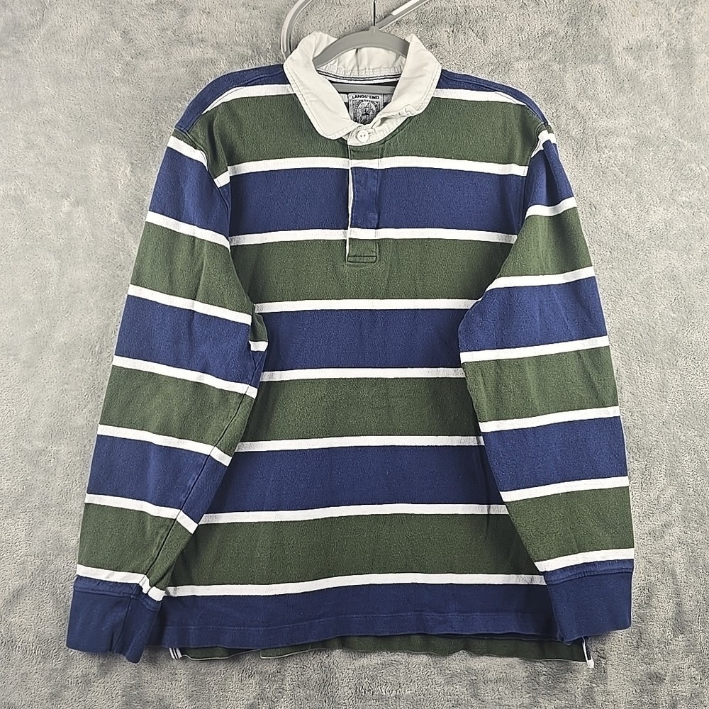 Lands End Rugby Polo Shirt Mens Large Color Block Striped Long Sleeve